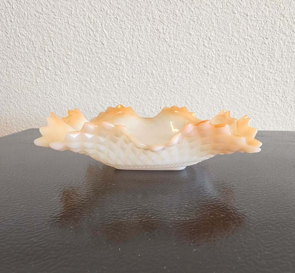 Vintage Indiana Glass Peach Lustre Milk Glass Diamond Point Ruffled Candy Dish